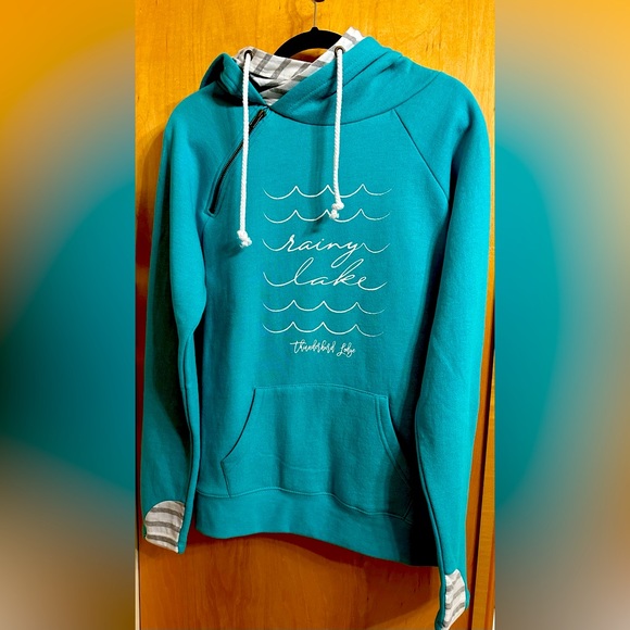 SOLD - Cozy Turquoise and Striped Hoodie - Rainy Lake, Thunderbird Lodge - Picture 2 of 9